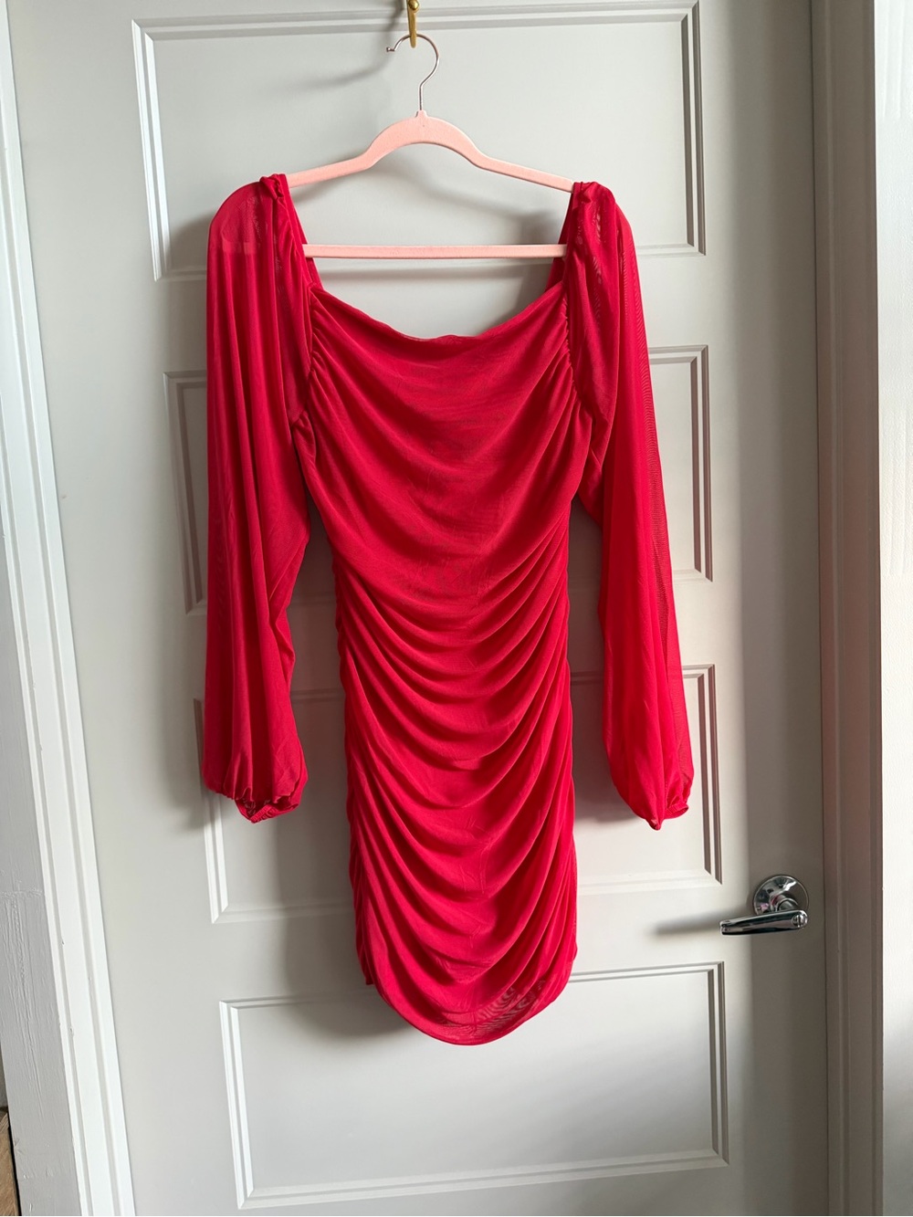 Red Ruched Long-Sleeve Dress